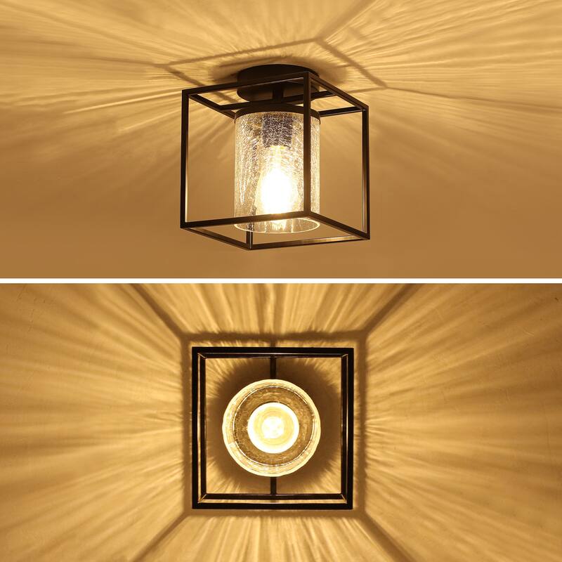 1-Light Modern Black Metal Frame Textured Glass Ceiling Light - Matte Black