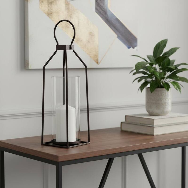 19" Black Distressed Geometric Metal And Glass Tabletop Lantern Candle Holder - Black