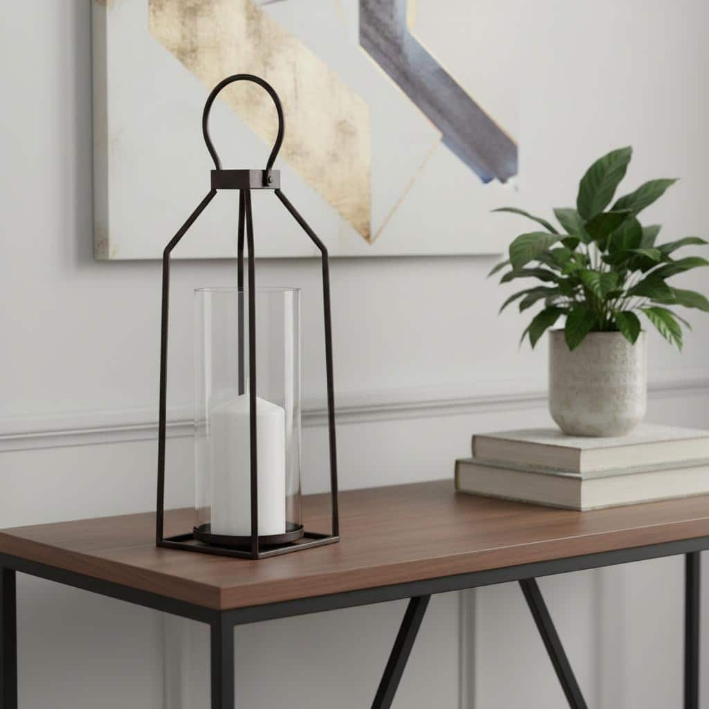 19" Black Distressed Geometric Metal And Glass Tabletop Lantern Candle Holder