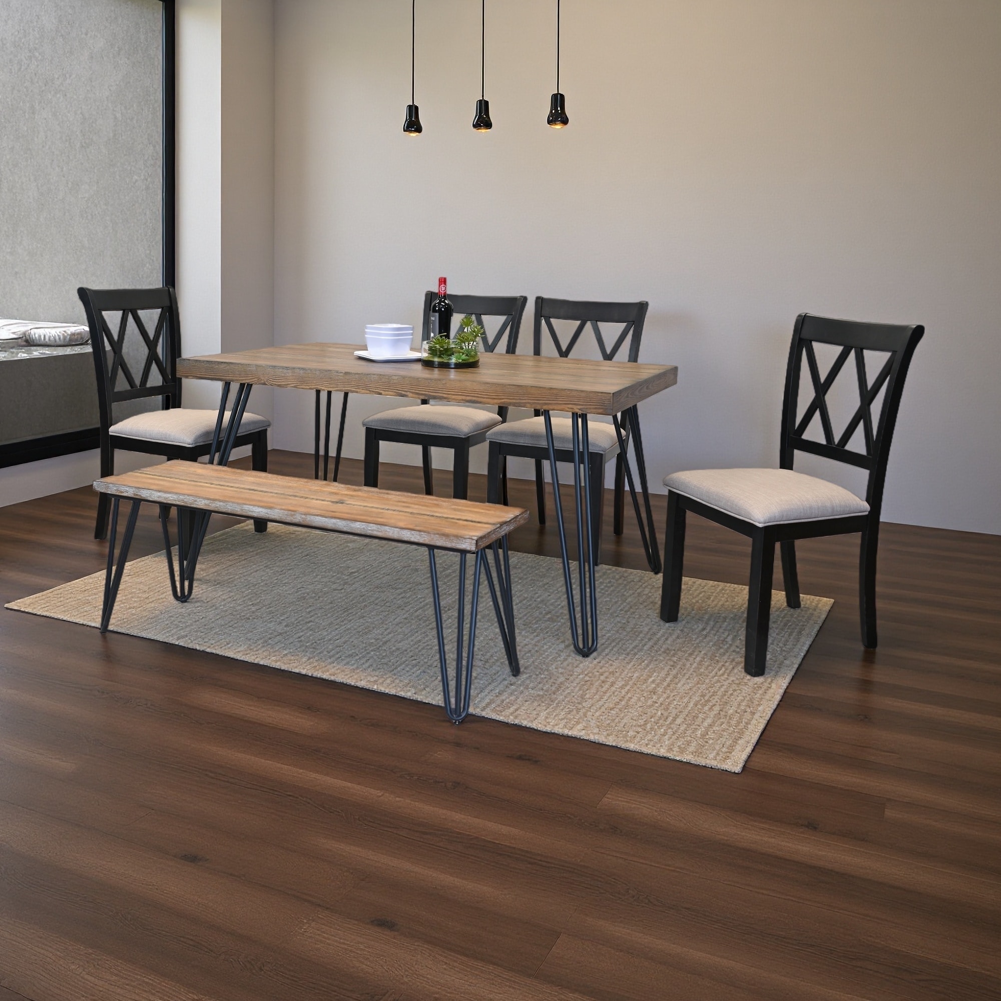 6-Piece Dining Set with 4 Cross-back Chairs and Bench