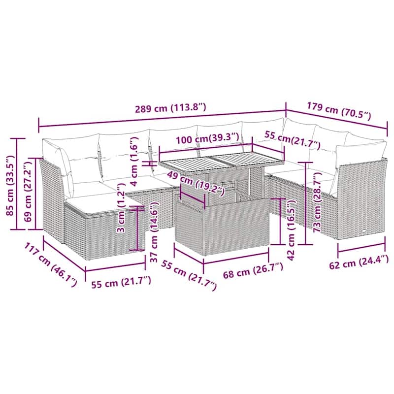 vidaXL 6 Piece Patio Sofa Set with Cushions Black Poly Rattan - 21.7 x 24.4 x 27.2
