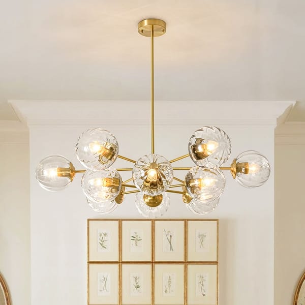 slide 2 of 16, Glam 2-Tier Clear Ribbed Glass Bubble Sputnik Chandelier 35.4in Brass