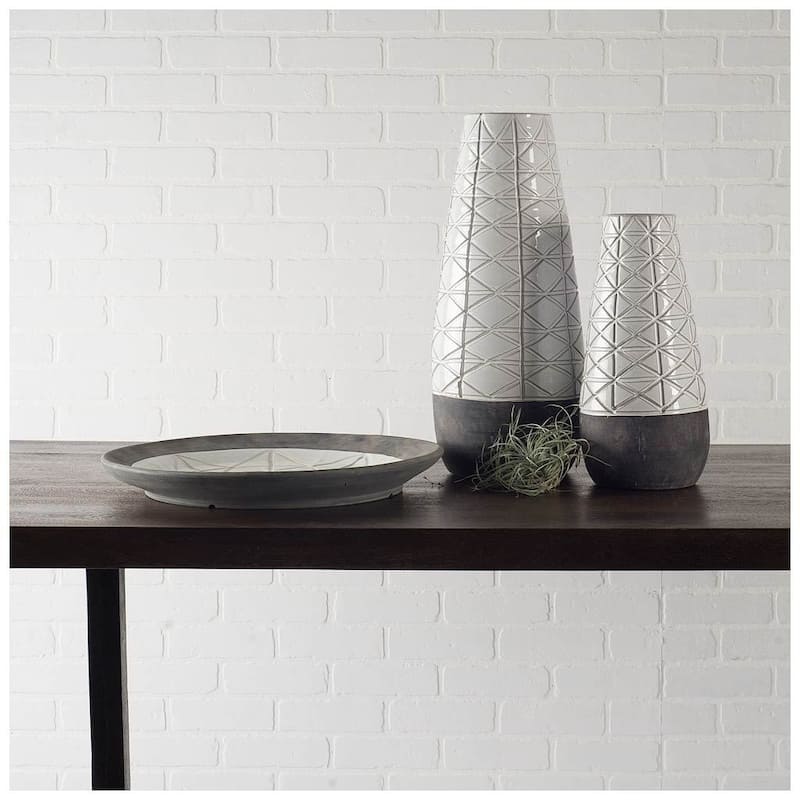 21" Gray And White Abstract Cylinder Ceramic Table Vase - 21" H x 8" W x 8" D
