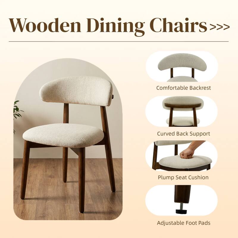 Wooden Dining Chairs Set of 2, Modern Fabric Upholstered Dining Room Chair with Curved Back, with Adjustable Foot Pads