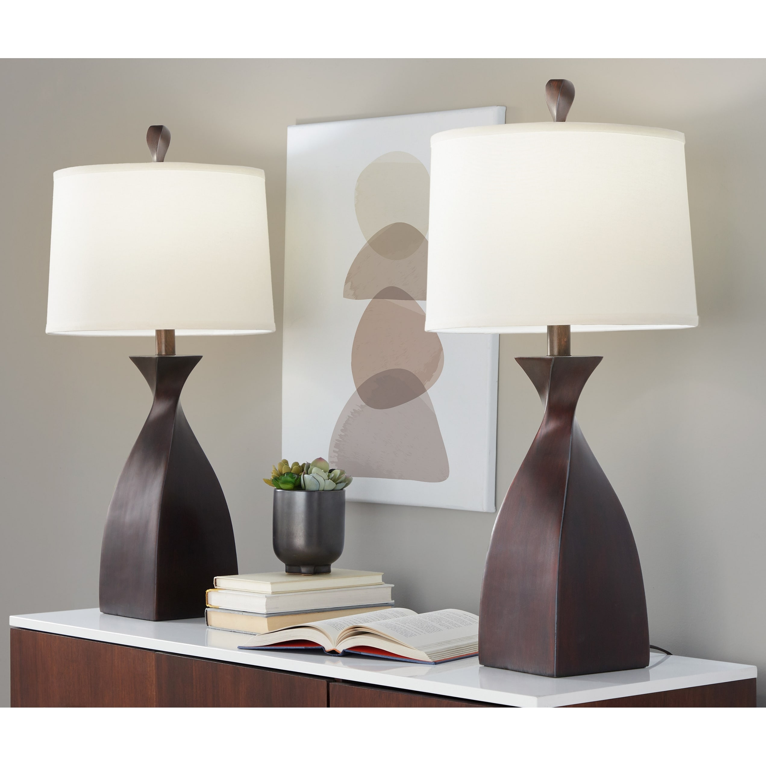 30" Polyresin Table Lamps w/ Twisted Body & Linen Drum Shades (Set of 2)