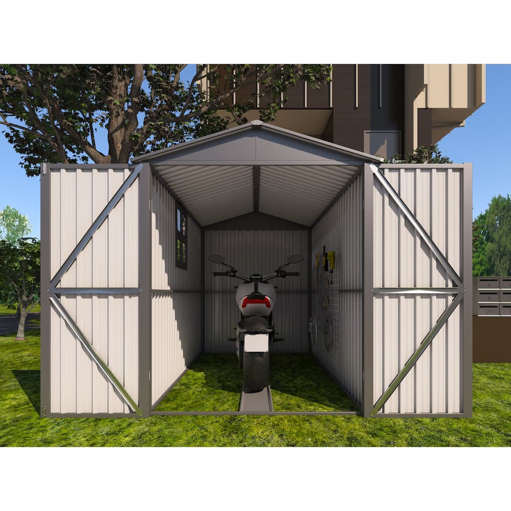 GDFStudio - Mason Clarke Motorcycle Outdoor Steel Storage Shed with Window, Tracks, and Fixtures