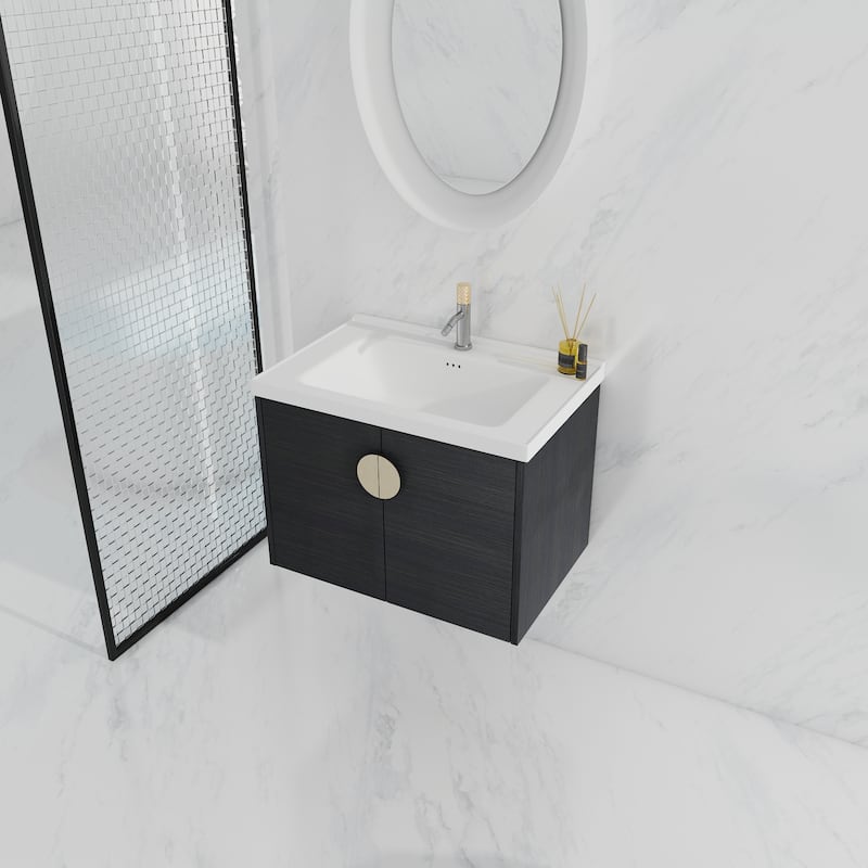24-Inch Soft-Close Bathroom Vanity with Ceramic Sink, Ample Storage, Wall-Mounted Design for Compact Bathrooms