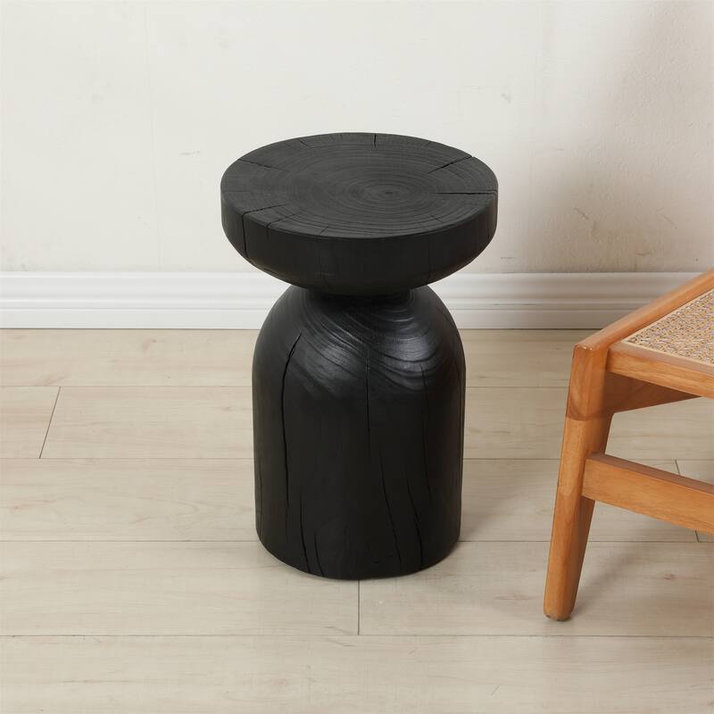 Solid Mango Wood Side End Table in Black, 17.7 inch Round Contemporary Wooden Accent Table, Small Round Plant Stand