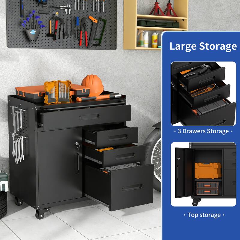 34.3" Mobile Tool Storage Cabinet - Garage Organizer with Lockable Compartment & 4 Drawers, Rolling Steel Chest