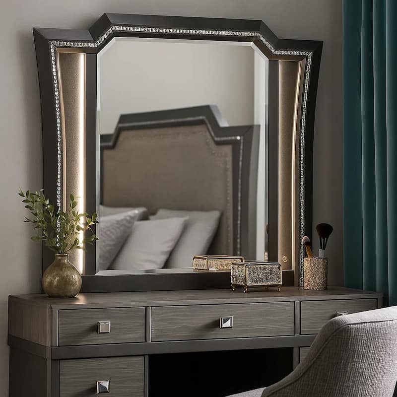 Contemporary Style Wooden Decorative Mirror with LED Lights, Gray