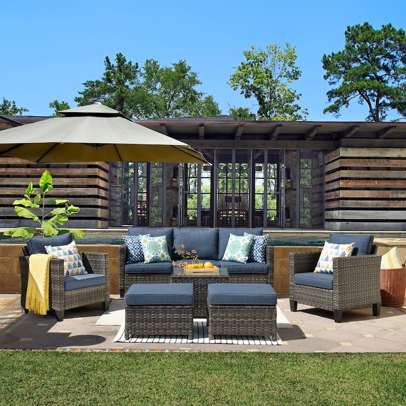 OVIOS 6-piece Outdoor Patio Wicker Conversation Set With Glass-Top Table - Denim Blue