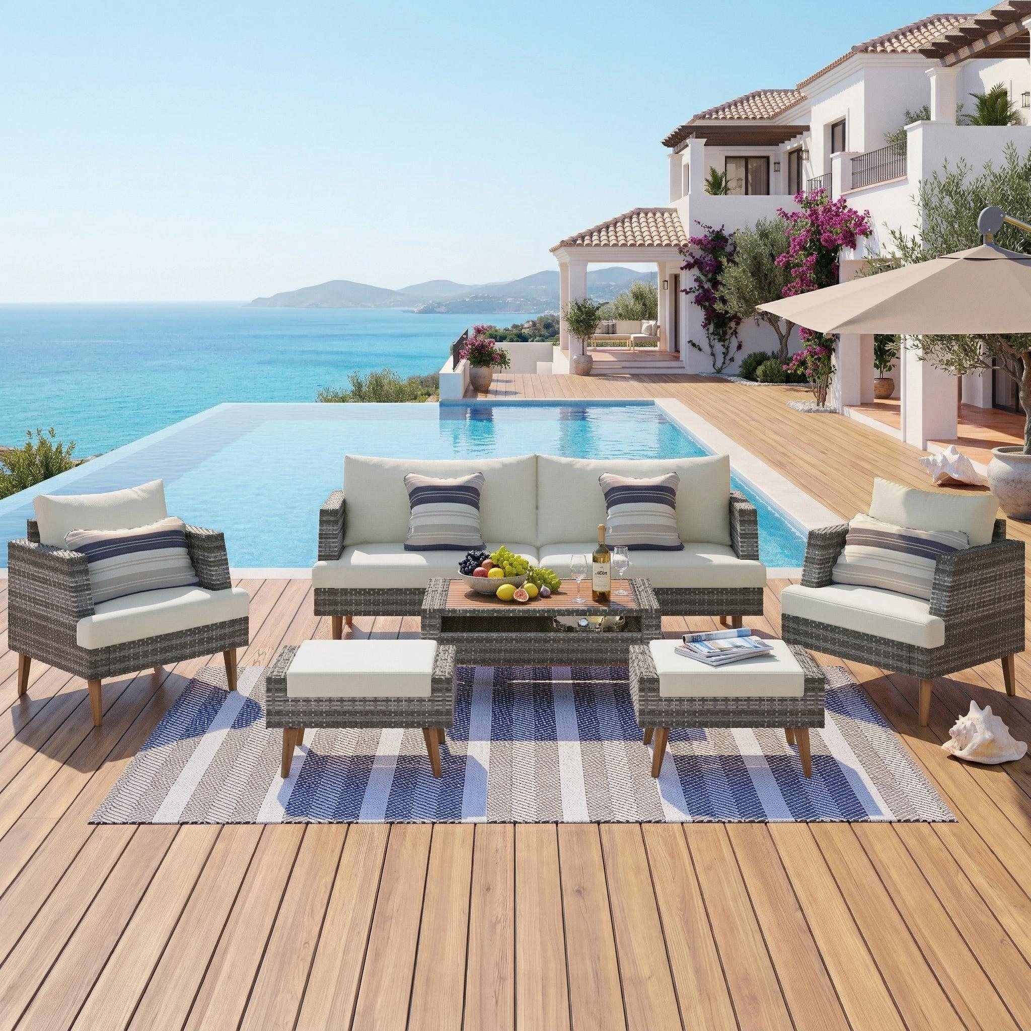 6-Pieces All Weather PE Wicker Sofa Set, Outdoor Rattan sofa With Double Cushions, Wood Legs Wood Table Top
