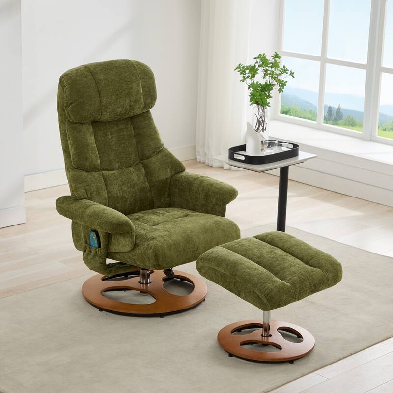 Recliner Chair with Ottoman, Modern 360° Swivel Lounge Chair with Footstool, Chenille Fabric, 5 Point Vibration Massage - Green