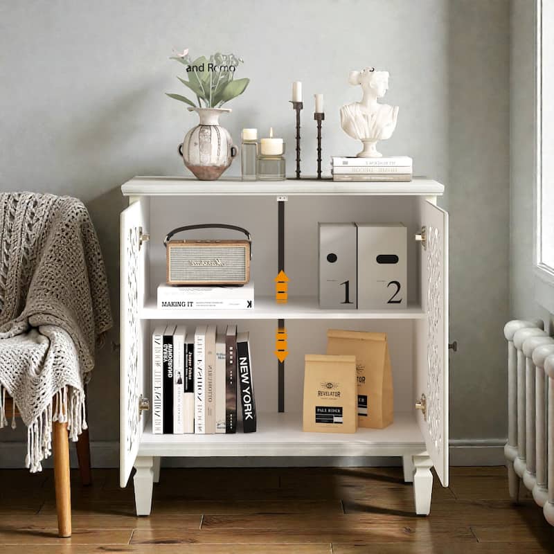Vintage Hollow-Carved 2-Door Accent Cabinet with Floral Design, Adjustable Shelf and Solid Wood Legs, 31.5'' Sideboard
