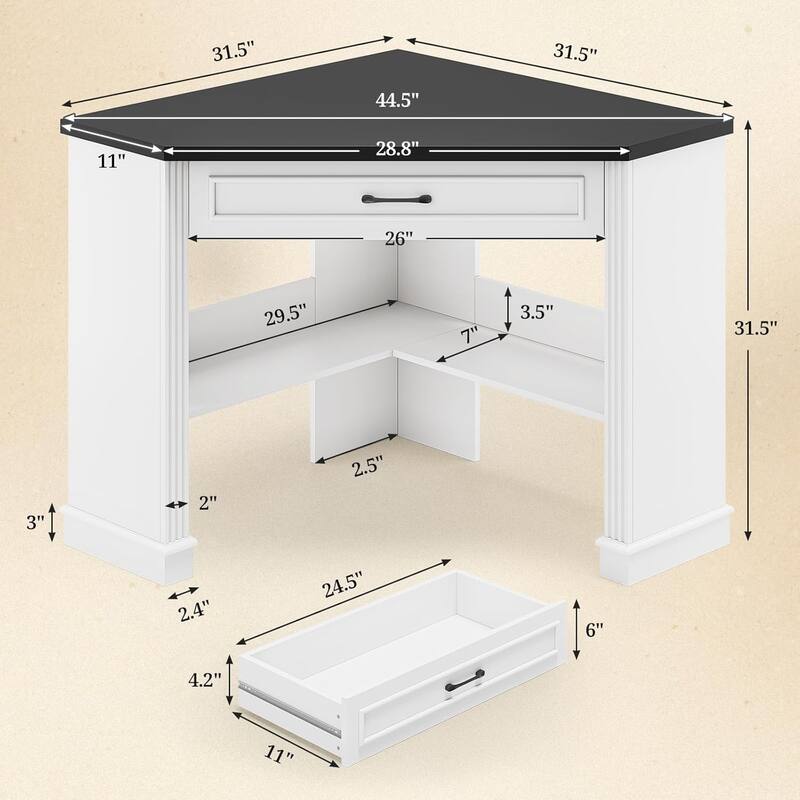 Small Corner Desk Triangle Computer Desk Drawer Storage Shelves