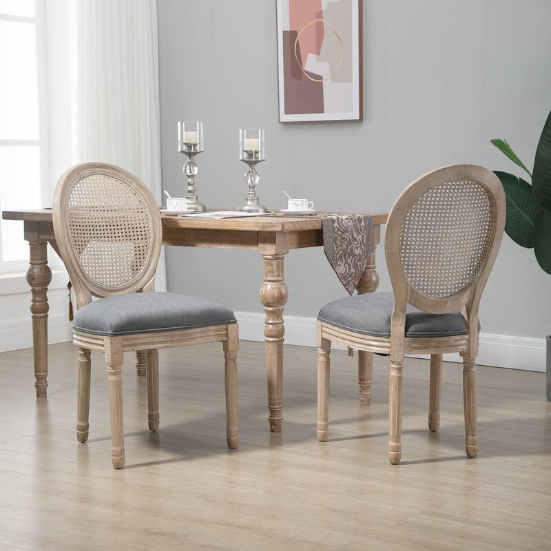 Solid Wood 2 Piece Kitchen Dining Chair Set with Rattan Backrest, Linen Upholstery for Dining Room Kitchen Living Room Bedroom - Grey