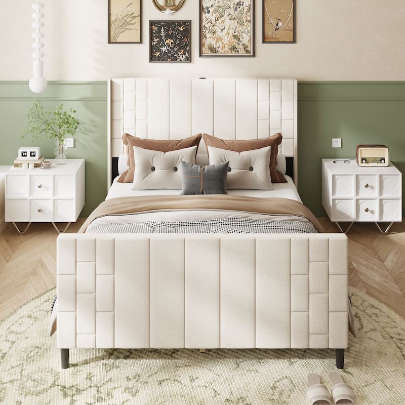 Queen Size Bed Frame Platform with Tall Headboard & Footboard & USB Ports