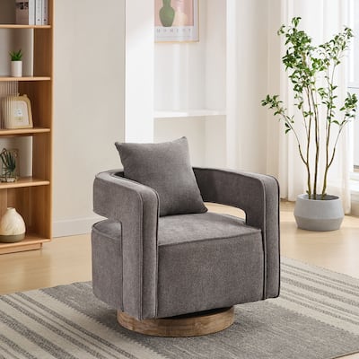 Modern 29.13" Swivel Open Back Accent Chair With Weathered Finishing Rubber Wood Base and Pillow