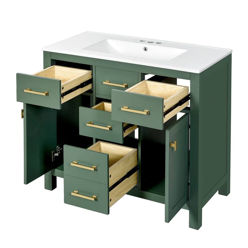 Roomfitters 36" Vanity with Ceramic Sink, Solid Wood Freestanding Cabinet with 4 Drawers and 2 Doors, Storage Unit for Bathroom