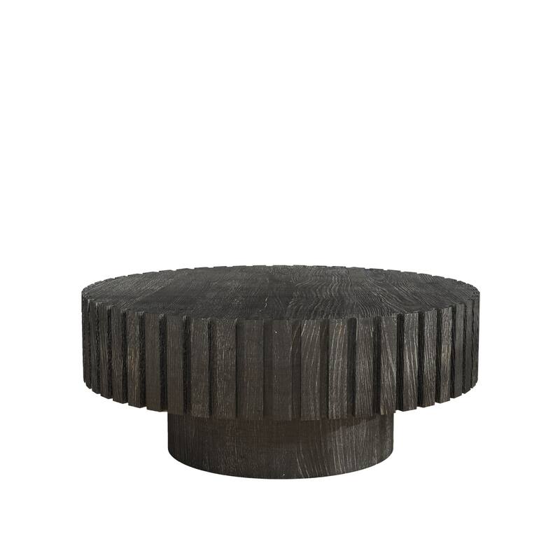 Round Coffee Table Wood, Modern Unique Circle Coffee Table, Contemporary Drum Fluted Accent Side Table Center