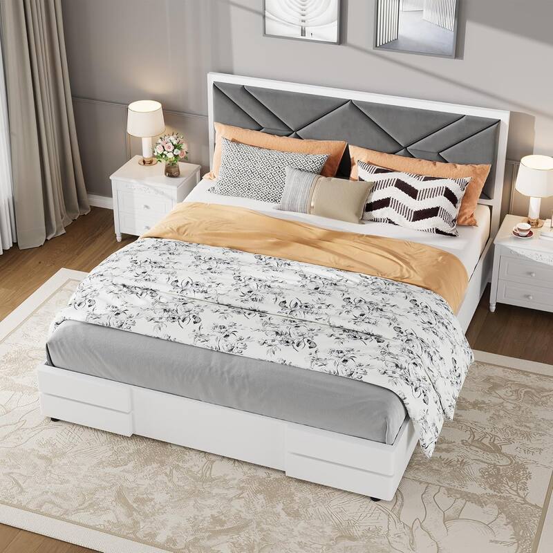 Wooden Bed Frame with Fabric Upholstered Headboard