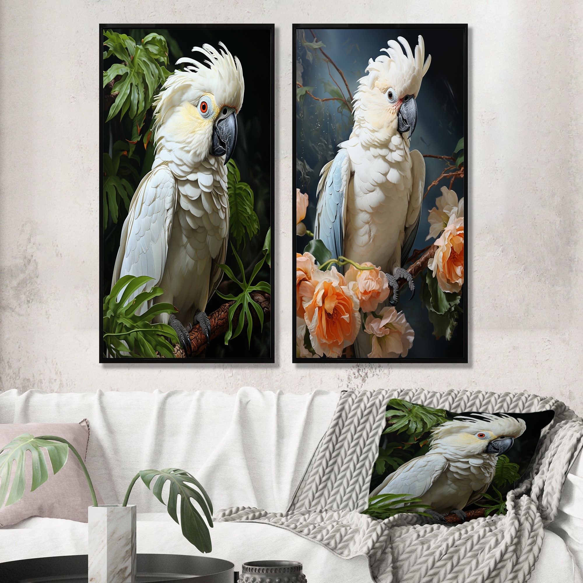 Designart "Cockatoos Tropical Haven" Parrot Framed Art Set Of 2 - Animals Wall Art Set White Wall Decor 2 Pieces