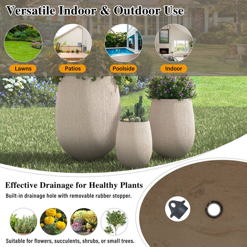 Egg-Shaped Lightweight MGO Outdoor Planter Set of 3,Modern Stone-Look Textured Flower Pots with Drainage Holes and Rubber Plug
