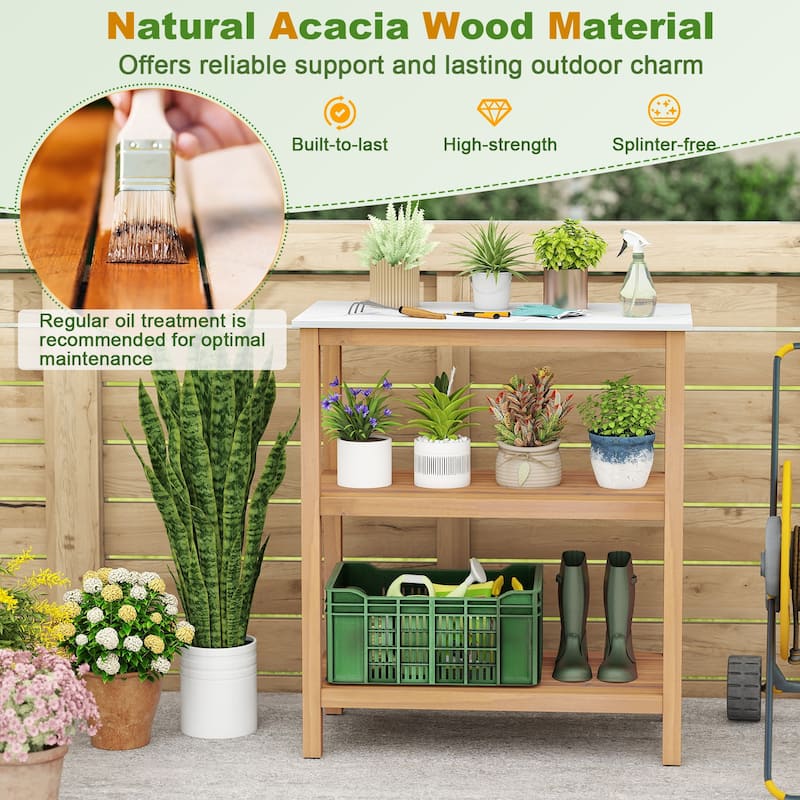 Gymax 3-Tier Patio Garden Potting Bench Table w/ Acacia Wood 2 Slatted