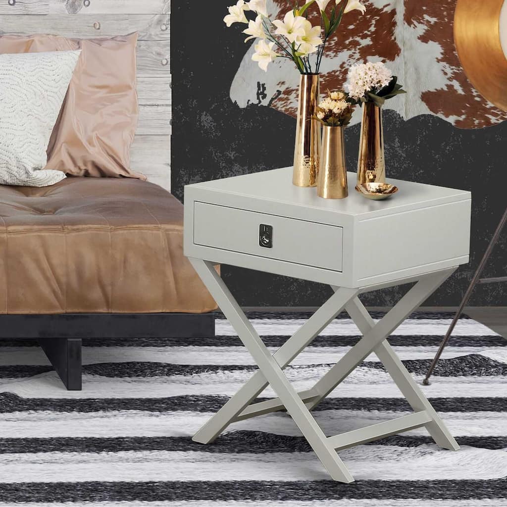 Night Stand With Drawer - Modern End Table, Gray Finish - Bedroom Furniture