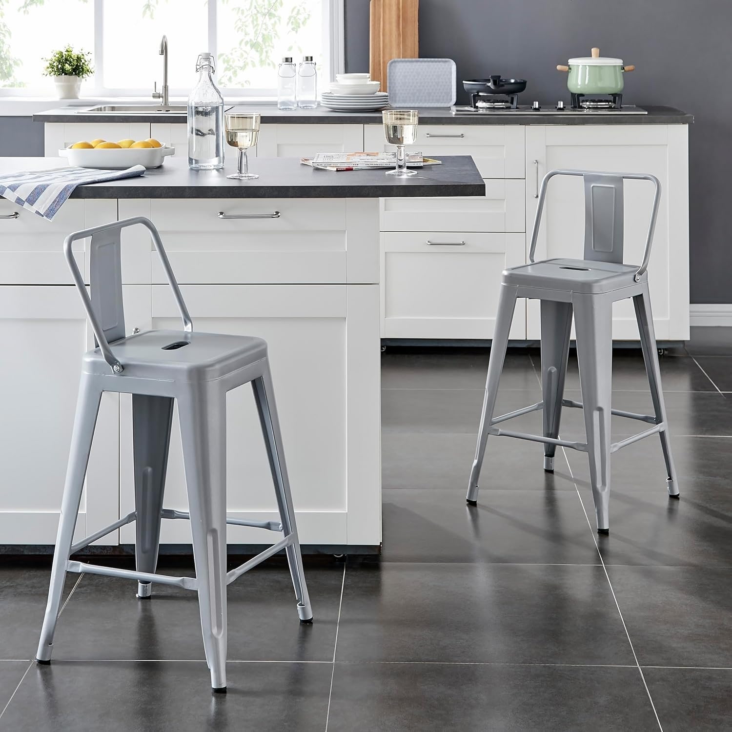 Metal Barstool Set Of 2 With Bucket Back And 4-Leg Design, Industrial Style, 24-Inch Seat Height