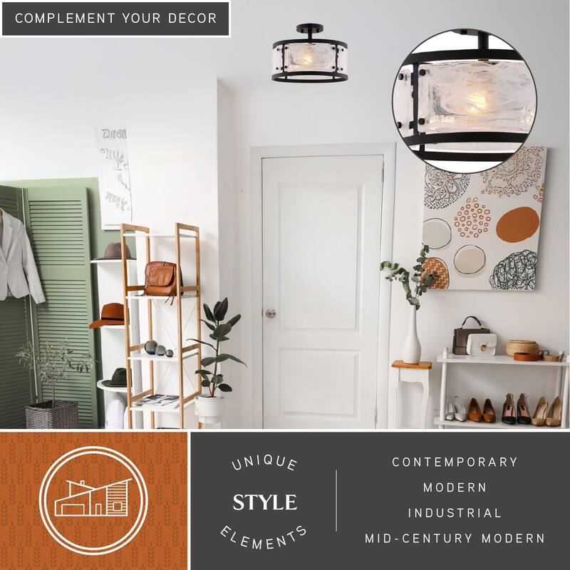 Wilder 3-Light Matte Black Modern Drum Semi Flush Mount Lighting Ceiling Fixture, White Swirl Glass Shade