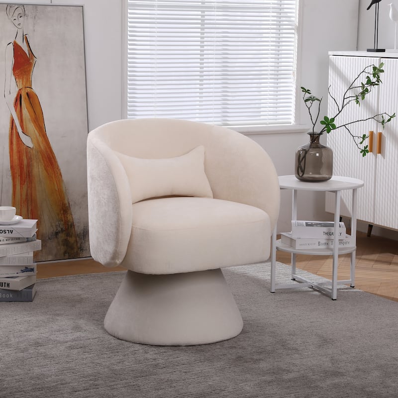 Swivel Round Barrel Chair in Fabric with Curved Backrest and Thick Padded Seat - Beige