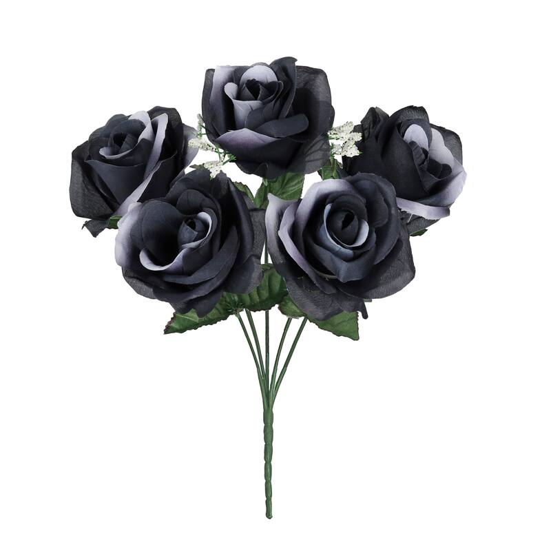 Set of 12 Black White Artificial Open Rose Flower Stem Bush Bouquet 14in - 14" L x 7" W x 7" DP