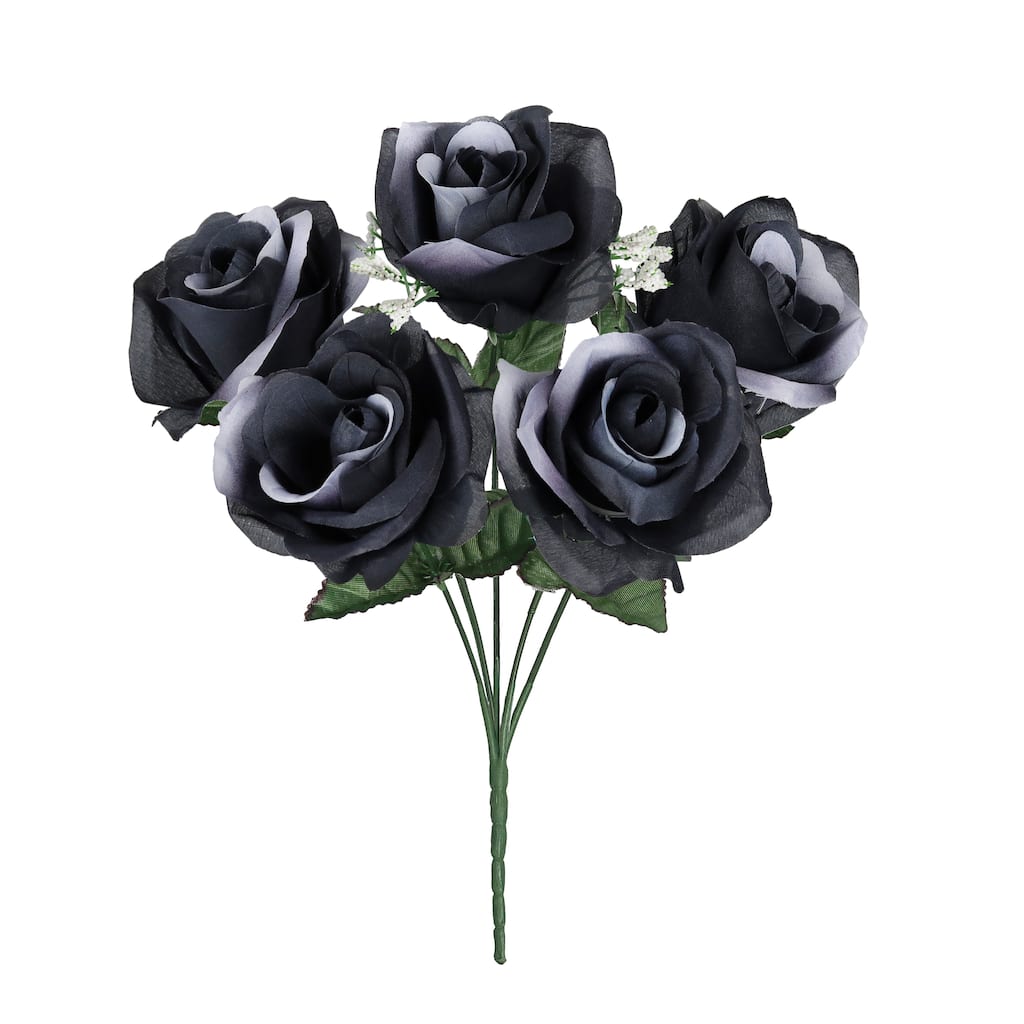 Set of 12 Black White Artificial Open Rose Flower Stem Bush Bouquet 14in - 14" L x 7" W x 7" DP