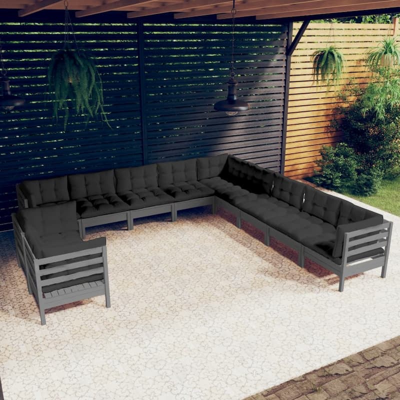 vidaXL Solid Pinewood Patio Lounge Set 12 Piece with Cushions Multi Colors - 25" x 25" x 24.6" - Grey