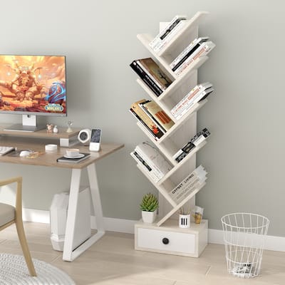 10Tier Wooden Tree Bookshelf w/ Drawer Display Storage Organizer Rack