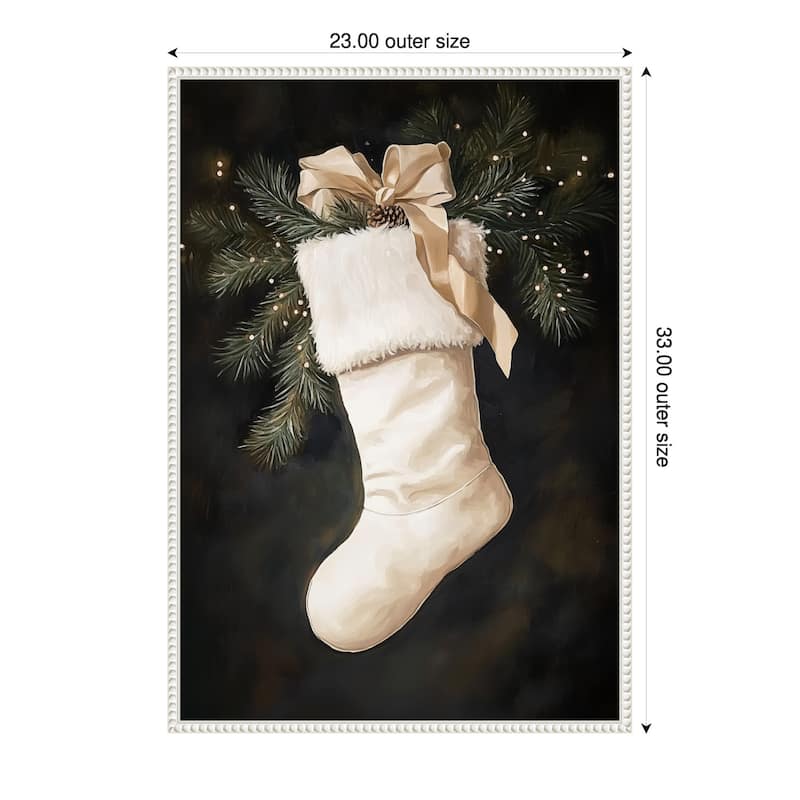 Christmas Stocking with Pine and Ribbon by Melloi Art Prints (23 x 33 in.), Framed Canvas Wall Art Print - Sylvie Beaded White