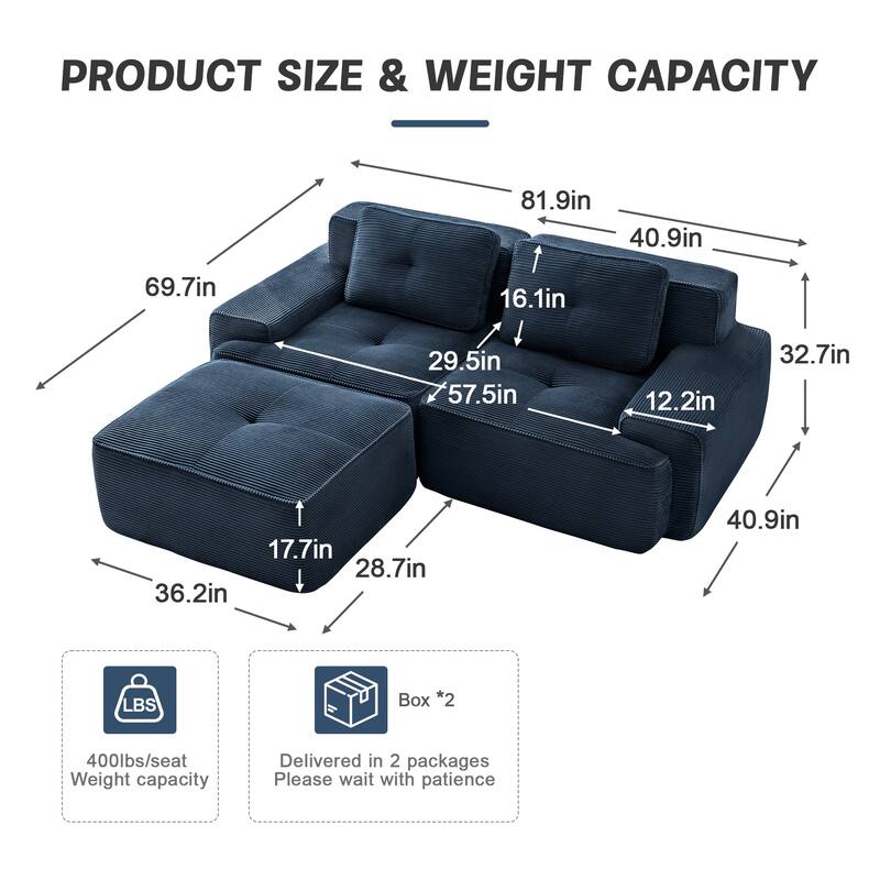 GDFStudio - Corduroy Modern 2-Seater 81.9" Cloud Modular Sectional Couch with Ottoman