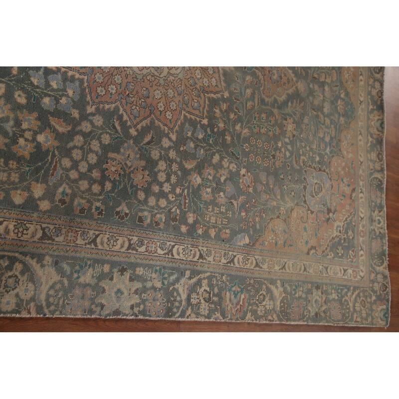 Green Tabriz Persian Vintage Area Rug Hand-knotted Wool Carpet - 6'5" x 8'11"