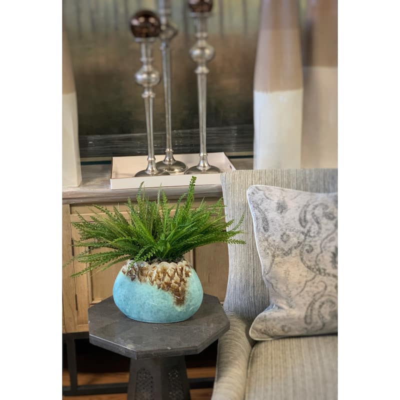 Green Leaf Bush in Teal Ceramic Pot