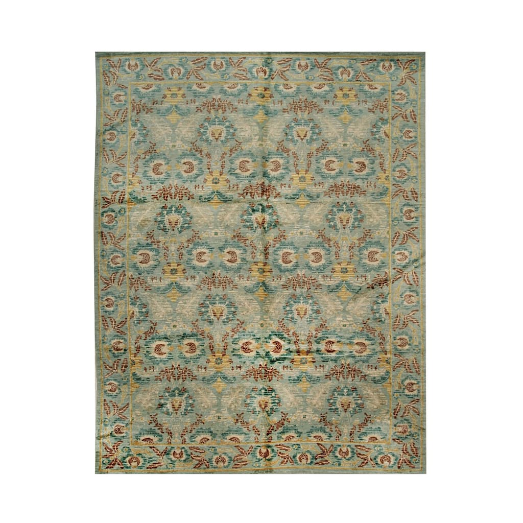 Green Handwoven Wool Transitional Rug 9' x 11'8 - Hand Knotted Spun Wool Surged Edge Elegant Design - N/A