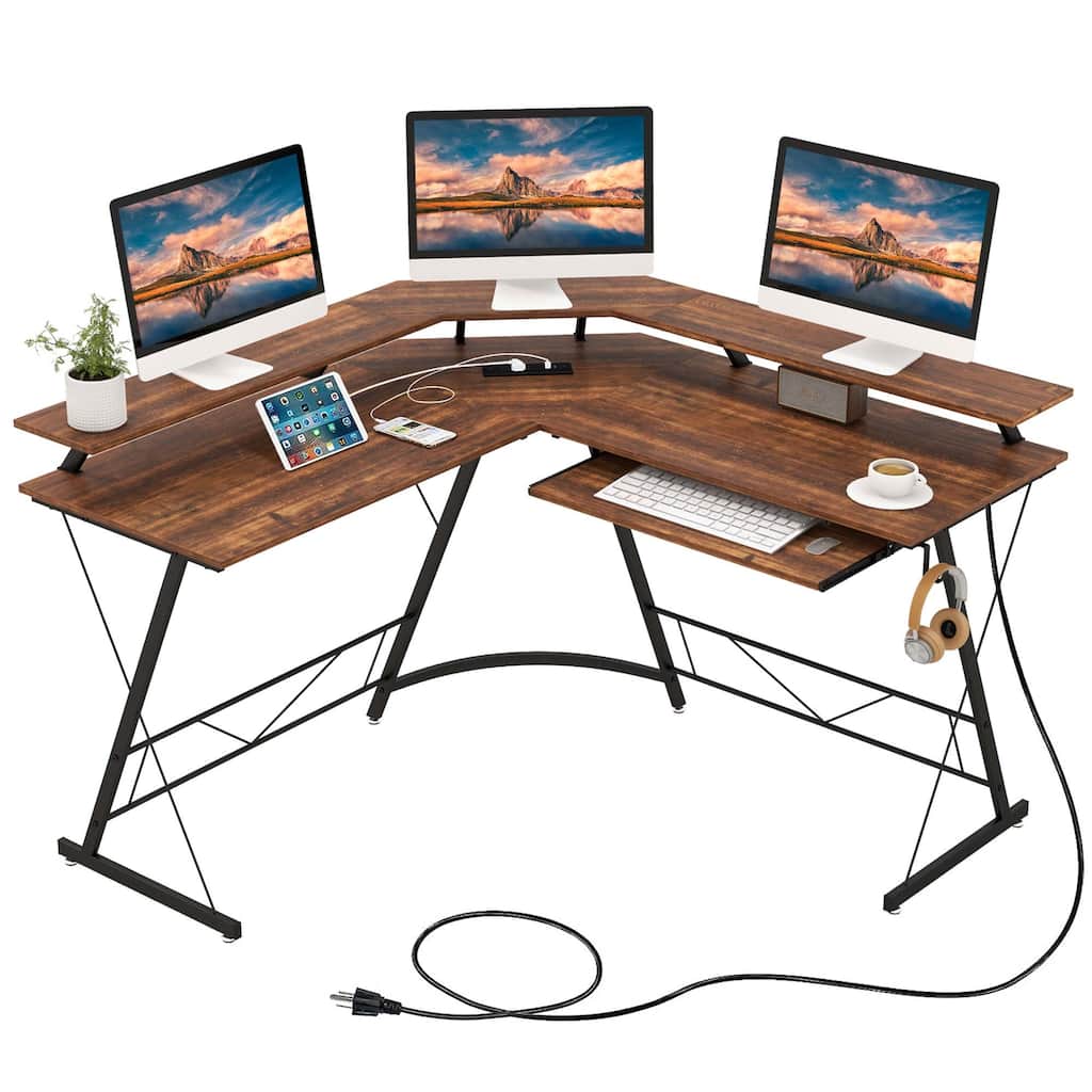 Costway L-shaped Computer Desk with Power Outlet 51" Corner Computer - See Details