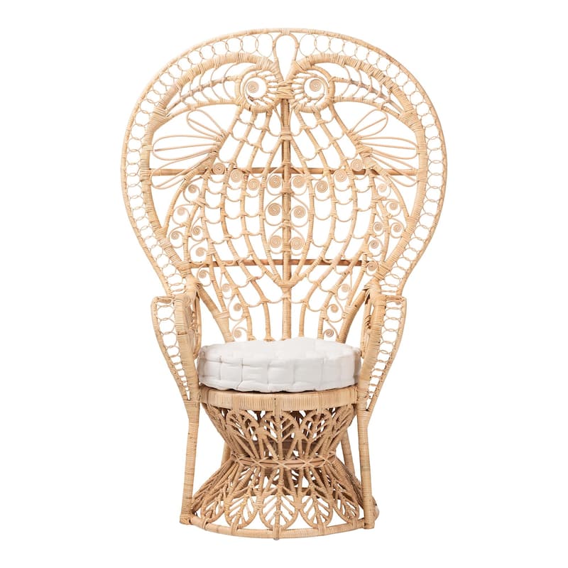 Kimiko Natural Rattan Peacock Chair with Cushion - Handwoven Wicker Accent Chair with Fan Backrest, Boho Coastal Seating