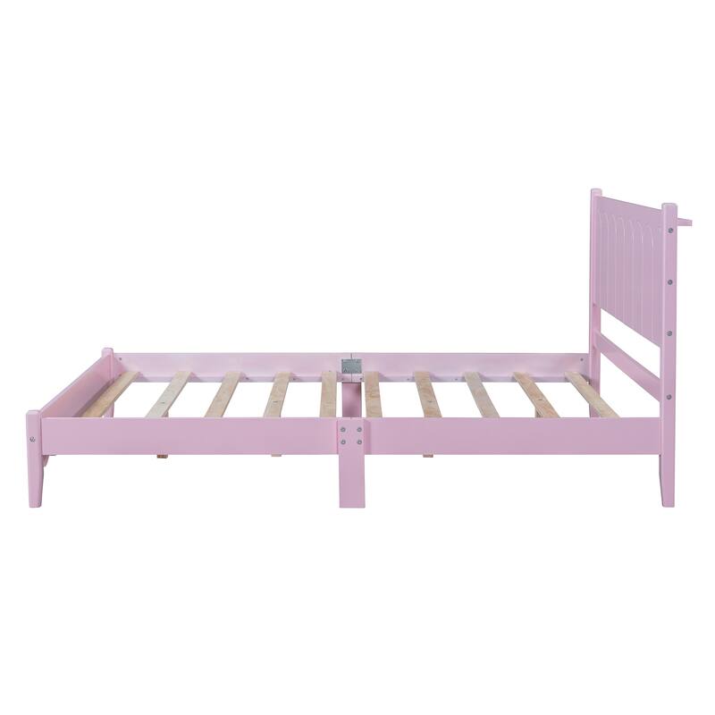 Wood Platform Bed Frame, Retro Style Bed with Rectangular Headboard
