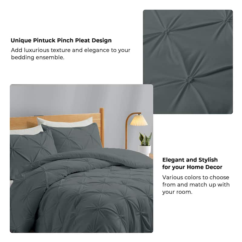 3 Piece Pintuck Pinch Pleat Comforter Set, Bedding Set for All Season, Charcoal Gray