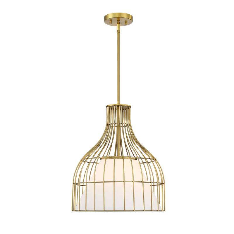 Evensong 60 Watt 1-Light Brushed Gold Bell Pendant with Etched Opal Glass Shade and Metal Outer Cage - 18.75