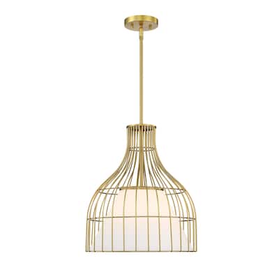 Evensong 60 Watt 1-Light Brushed Gold Bell Pendant with Etched Opal Glass Shade and Metal Outer Cage - 18.75