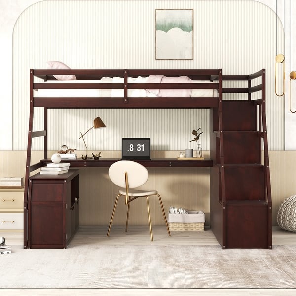 slide 2 of 9, Twin Size Loft Bed with Seven Drawers, Pine Wooden Bed with 2 Shelves, Kid's Bed with Desk for Bedroom, Brown Espresso