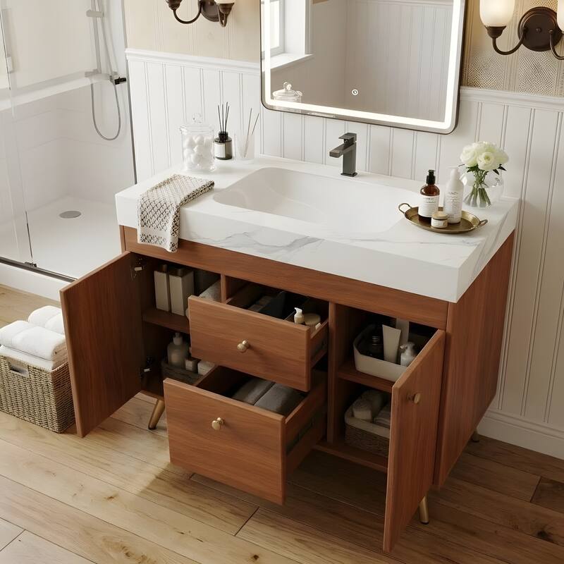 36" Modern Freestanding Bathroom Vanity with Sintered Stone Top, Ceramic Sink & Smart Storage