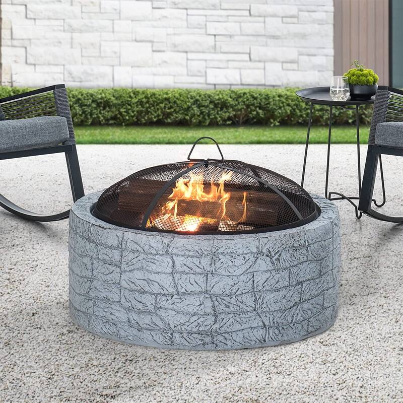 Sunjoy Stone 26 in. Round Wood Burning Firepit - Grey